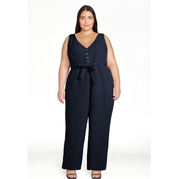 Time and Tru Pants - Time and Tru Sleeveless Linen Blend Jumpsuit with Tie Belt